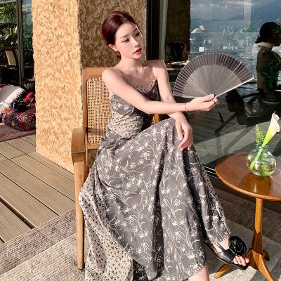 Pure desire backless condole belt dress female new spring and summer wind show thin waist collar stitching a word long skirt