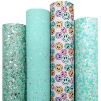 【HOT】♕ﺴ◄ Mint Chunky Glitter Leather Sheets Iridescent Synthetic Smiling Faces Printed Faux Bow 21x29CM Q1565