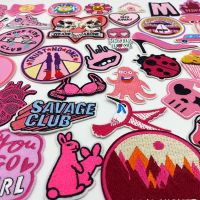 Pink Embroidery Patches for T-shirt High heels flower devil fish heart Iron on Stripes Appliques Clothes Stickers Badges Haberdashery