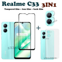 (3in1) สำหรับ Realme C33กระจกฟิล์มป้องกัน,กระจกนิรภัยแบบเต็มหน้าจอ + เลนส์กล้องฟิล์มป้องกัน + ฟิล์มด้านหลัง,สำหรับ Realme C30 C35ป้องกันหน้าจอ