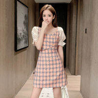 (โรแมนติกฝรั่งเศส)Foya พร้อมส่งเดรสแขนพัฟลายสก๊อตสีชมพู Plaid Puff Sleeve Dress