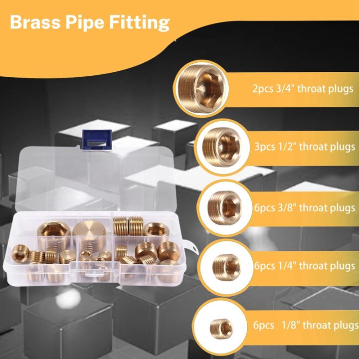 23pcs-brass-pipe-fitting-1-8-inch-1-4-inch-3-8-inch-1-2-inch-3-4-inch-npt-brass-internal-hex-thread-socket-pipe-plug-set