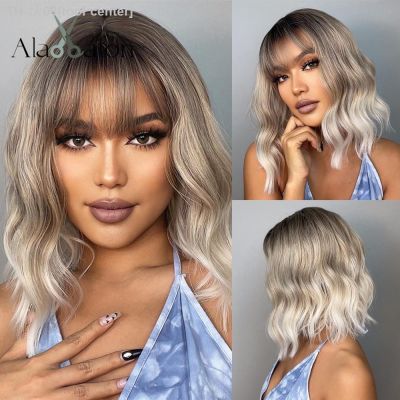 ALAN EATON Short Blonde Water Wave Synthetic Wigs with Bangs Natural Looking Ombre Bob Daily Hair Wigs for Women Heat Resistant [ Hot sell ] tool center