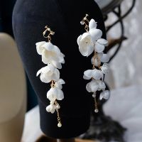 【CC】 Hand-beaded Flowers Earrings fabric long drop earrings Fashion  Wedding ear decoration