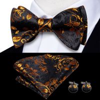 Hi-Tie Jacquard Silk Mens Self Bow Tie Hanky Cufflinks Set Male Butterfly Knot Bowtie Wholesale for Male Wedding Business Gift Boys Clothing