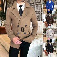 【Ready】Men เสื้อขนสัตว์สีทึบ Slim Fit แขนยาว Double Breasted Outwear ฤดูหนาว Turndown Collar Jacket Blazer Streetwear