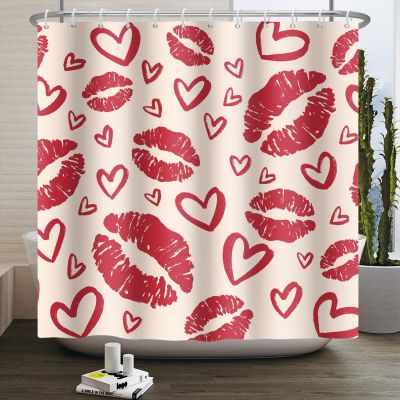 Valentines Day Shower Curtain Romantic Sweetheart Red Lips Shower Curtain Waterproof  Washable Bathroom Curtain Room Decor Sets