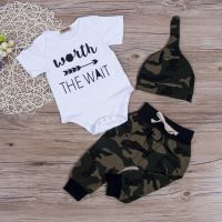 Baby 3PCS Outfit Set, Short Sleeve Letter Pattern Envelope Neckline Romper, Long Camouflage Elastic Band Pant, Beanie Hat Set