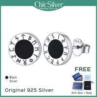 ChicSilver 925เงินสเตอร์ลิงเพชรสังเคราะห์อักษรโบราณไวกิ้งตุ้มหูโอนิกซ์สีดำธรรมชาติหกเหลี่ยมต่างหูตุ้มหูผู้หญิงผู้ชาย