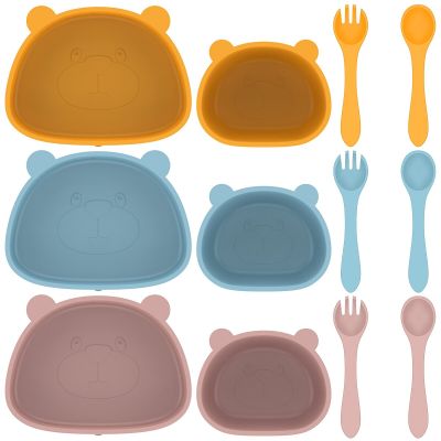 Silicone Baby Plates Spoons Forks Bowls Child Feeding Suction Kids Toddler Eating Tableware Dinnerware Non-slip Set Safe
