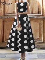 【HOT】✘◐ Ladies Sleeveless Fashion Dot Pleated Round Neck Evening Vestido