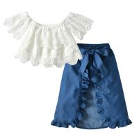 [COD] Childrens summer girls clothes one-neck lace top bowknot swallowtail three-piece girls suit