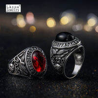 Lkyou Mens Red Stone Ring Viking Crow and Wolf Ring Never Fading Rune Ring Mens Gift Ring Jewelry