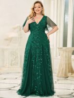 Plus Size Evening Dresses Long A-LINE V-Neck Half Sleeves Floor-Length Gown 2023 Ever Pretty of Dark Green Prom Women Dress