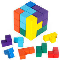 ไม้ที่มีสีสันอาคารบล็อก T Angram คลาสสิก Cube เกมกระดาน3D ไม้ปริศนาจิ๊กซอว์ของเล่นต้นการศึกษาภูมิปัญญาของเล่นสำหรับเด็ก