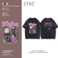 CHIC วินเทจผ้าฟอกดำ เสื้อยืดแขนสั้นพิมพ์ลายตัวการ์ตูน A0669