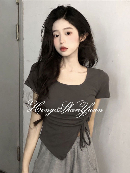 hengshanyuan-เสื้อยืดแขนสั้นมีสายรูดเด็กผู้หญิง2023-spice-เสื้อคอเหลี่ยมเอวสูงแบบสั้นเก๋ไก๋ไม่เหมือนใครดีไซน์เฉพาะ