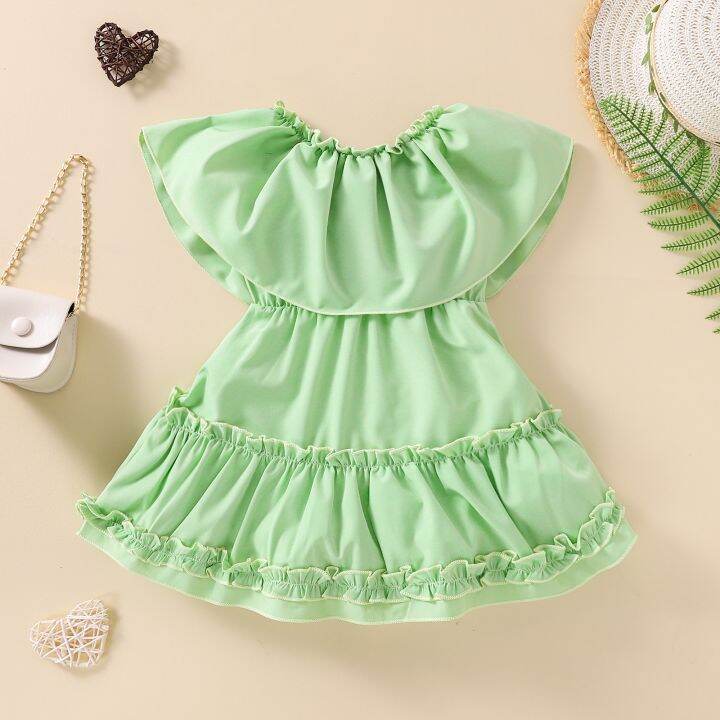 jeansame-dress-focusnorm-2-7y-ฤดูร้อนแฟชั่นเด็กสาวพรรคชุดเสื้อผ้าปิดไหล่-ruffles-สีทึบชุดสาย