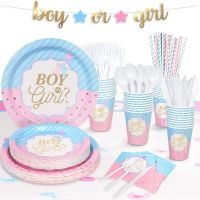 สีชมพูสีฟ้า Boy หรือ Girl เพศเปิดเผย Baby Shower PARTY Disposable Tableware ชุดแผ่นกระดาษถ้วยแบนเนอร์บอลลูนตกแต่ง-Cailine