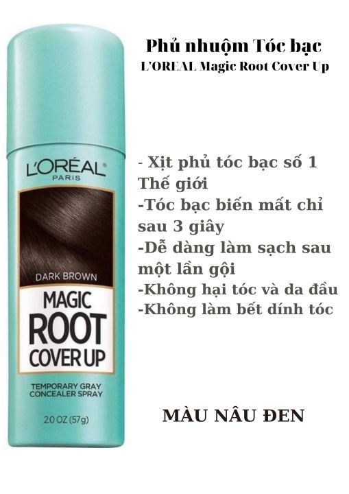 Chai xịt tóc L\'OREAL Magic Root Cover Up: Mang lại cho bạn một mái tóc mượt mà và tự tin với L\'OREAL Magic Root Cover Up. Chai xịt này giúp che phủ gốc tóc khó mọc và tóc bạc, tạo hiệu ứng tóc dày đặc và bền vững. Với công thức mới, Magic Root Cover Up còn giúp dưỡng tóc và bảo vệ tóc hơn khi sử dụng đều đặn. Đặc biệt, sản phẩm còn có nhiều màu sắc phù hợp với phong cách của bạn.
