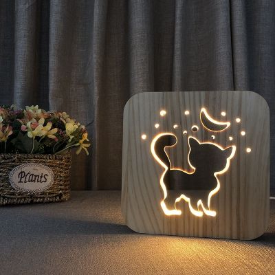☜♛ LED USB Night Light Wooden Dog Paw Cat Wolf Head Animal Lamp Novelty Kid Bedroom 3D Decoration Table Lights Child Gift