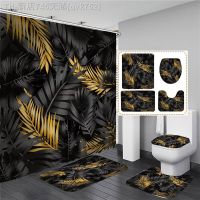 【CW】☋✠  and Gold Shower Curtain Set for Bathtub Leaves Mats Rugs Toilet