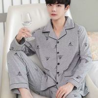 MUJI High quality 100 cotton pajamas mens spring and autumn long-sleeved cotton large size fat guy home clothes mens cardigan suit