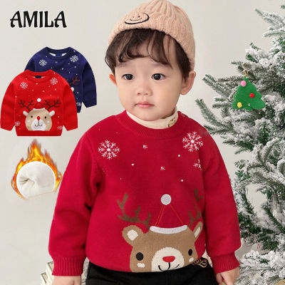 AMILA เสื้อกันหนาวหนาผ้าฟลีซสําหรับเด็ก เสื้อผ้าคริสต์มาส เสื้อปีใหม่ สีแดงลายการ์ตูน เสื้อกันหนาวสไตล์เกาหลีแฟชั่น เสื้อหนาเด็กน่าร