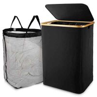 Laundry Basket with Lid, Black Laundry Basket with Removable Laundry Bag - Laundry Sorter for Bathroom &amp; Bedroom