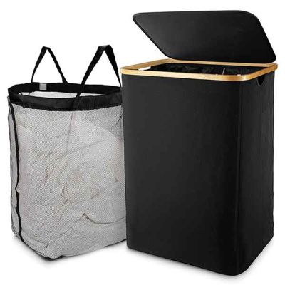 Laundry Basket with Lid, Black Laundry Basket with Removable Laundry Bag - Laundry Sorter for Bathroom & Bedroom