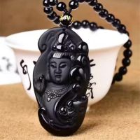 ZZOOI Natural Black Obsidian guanyin Buddha Carved Pendant  Lucky Amulet Polish Pendant Necklace Avalokitesvara bodhisattva Jewelry