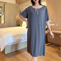 【 WYIN kitchen】 Fdfklak INS Short Sleeve Modal Nightdress Women 39;s Nightshirt Summer Nightgowns 【 WYIN kitchen】2023 Drawstring Loose Sleepwear Bottom Dress