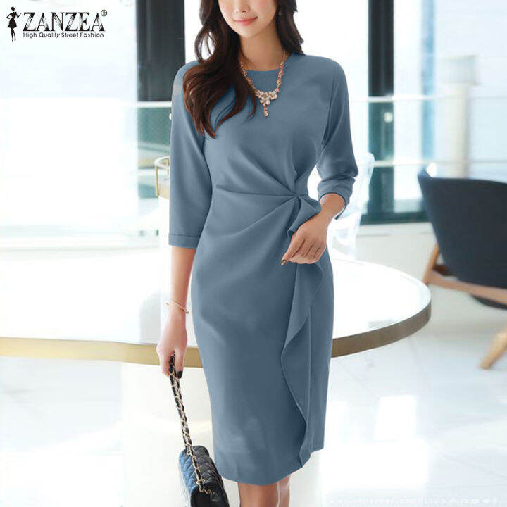 จัดส่งฟรี-fancystyle-zanzea-ชุดซันเดรสสไตล์เกาหลีของผู้หญิงแบบผูกปมที่เป็นทางการทำงานเก็บเอวเป็นทางการ-11