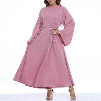 [COD] Robe DressO-neck Sleeve Lace-up Color Large Hem Abaya Female Clothing