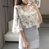 Korean Office Lady Fashion Flower Print Half Flare Sleeve V Neck Chiffon Blouse Shirt