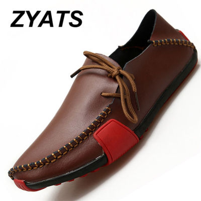 ZYATS รองเท้าส้นเตี้ยสำหรับใส่ขณะขับรถหนังวัวใหม่ของผู้ชายรองเท้าขนาดใหญ่ลำลองผู้ชาย38-47สีน้ำตาล