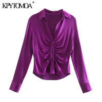 KPYTOMOA Women 2021 Fashion Pleated Soft Touch Asymmetric Blouses Vintage Long Sleeve Button-up Female Shirts Blusas Chic Tops