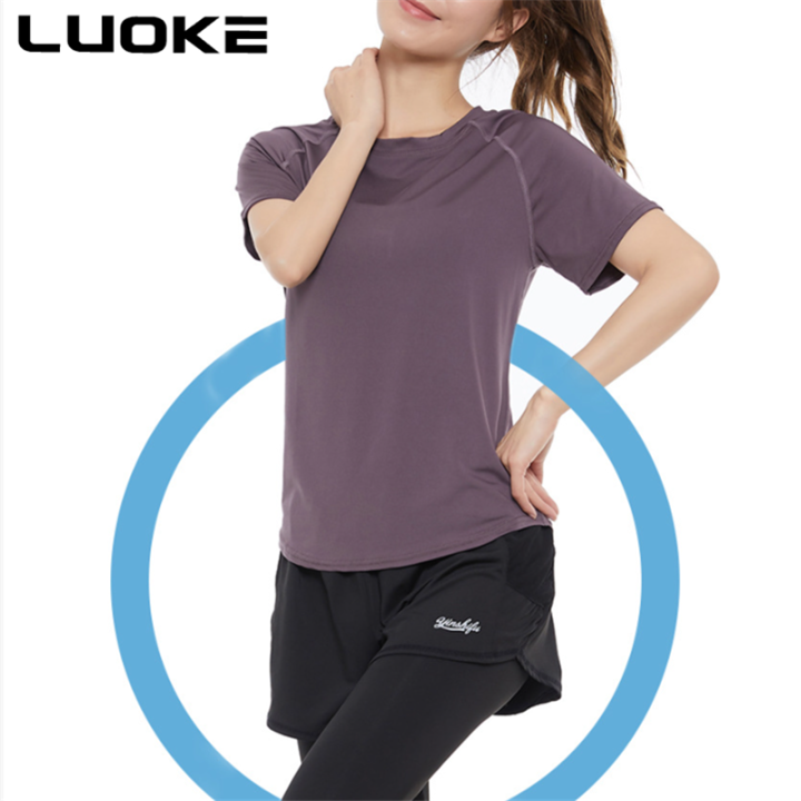 luoke-ขนาดใหญ่กีฬาแขนสั้นเสื้อยืดผู้หญิงท็อปส์เสื้อผ้าออกกำลังกายเสื้อผ้าโยคะหลวมวิ่งการฝึกอบรมลดน้ำหนัก