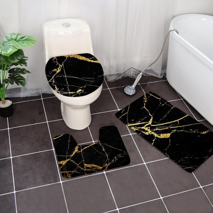 ชุดเสื่อพรมห้องน้ำ3ชิ้นสีดำและสีทองพรมห้องน้ำฝาปิดในห้องน้ำอุ่นชั้นวางผ้าขนหนูสำหรับห้องน้ำ