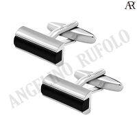 ANGELINO RUFOLO Cufflink(คัฟลิงค์) ดีไซน์ Onyx Post กระดุมข้อมือคัฟลิ้งโรเดียมคุณภาพเยี่ยม ตัวเรือนสีเงิน ประดับตกแต่งด้วย Onyx สีดำ