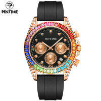 PINTIME Quartz Watch Men Luxury Full Diamond Hip Hop Colorful Chronograph Silicone Watches Man Wrist Watch Clock Male Wristwatch