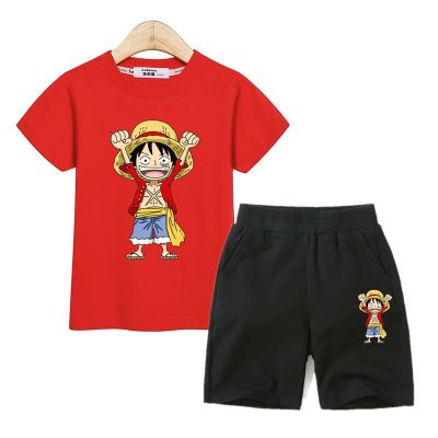 ชุดเสื้อยืด ผ้าฝ้าย และกางเกงขาสั้น พิมพ์ลายอนิเมะ One Piece Luffy แฟชั่นสําหรับเด็กผู้ชาย 2 ชิ้น