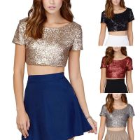 COD DSFERTRETRE ?HOT SALE?Fashion Women Sexy O-Neck Solid Sequins Short Sleeve Short Navel Top Blouse Tee