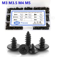 340PCS PWA Cross Self-Tapping Black Screw M3 M3.5 M4 M5 Carbon Steel Round Pan Head Tapping Screw with Washer Assortment Kit Nails Screws  Fasteners