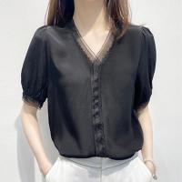 ?-✒ V-neck silk shirt womens 2022 New Summer Short Sleeve Black Design bubble sleeve top