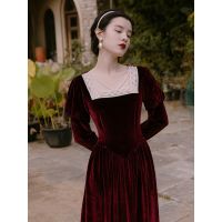 Spot parcel post2022 Autumn Square Collar Court Style Niche Design Velvet Dress Burdy Slimming French R Dress