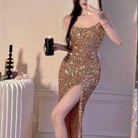 Gold Sequin Slit Sexy Suspender Dress Slim And Shiny Birthday Skirt Light Luxury Party Dress