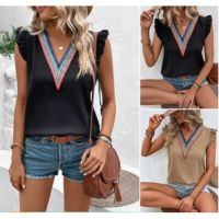 ✸  Womens Blouse Casual Tank Tops 2023 Summer  Solid Cut Out Lace Splice V-Neck Female Sleeveless Shirt S-XXXL