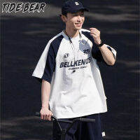 TIDE BEAR เสื้อยืดคอกลมแขนสั้นผู้ชายเสื้อยืดคู่พิมพ์ลายแฟชั่นแขนสั้นโอเวอร์ไซส์สำหรับผู้ชายสีดำแขนสั้นสีเทาเสื้อยืดวินเทจ