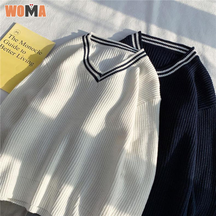woma-เสื้อไหมพรม-เสื้อสเวตเตอร์คู่ชาย-เสื้อแจ็คเก็ตเสื้อกันหนาวคอวีนักเรียนหลวมเทรนด์ฉบับภาษาเกาหลีเสื้อกันหนาวกันลมวิทยาลัย